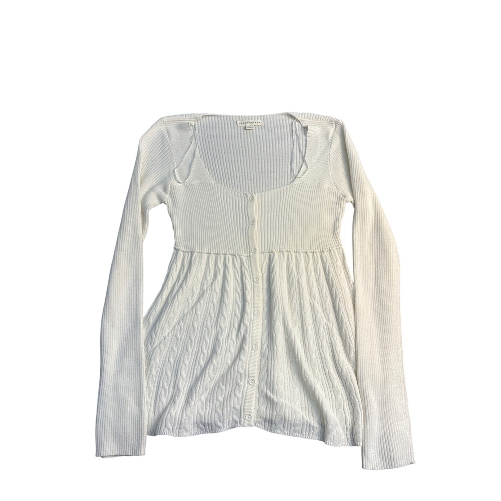 Aeropostale Womens White Ribbed Cable Knit Empire Waist Cardigan Sweater Medium